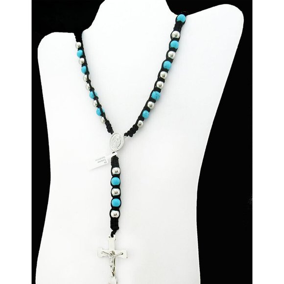 Handcrafted Turquoise & Sterling Silver Beaded Rosary Necklace Genuine Turquoise Necklace Rosary Stainless Steal